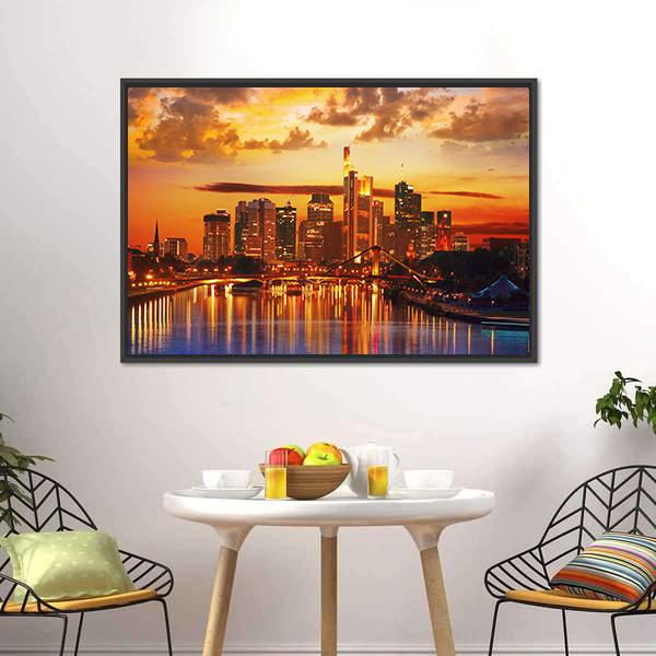 Frankfurt Skyline With Meno River Canvas Wall Art-3 Horizontal-Gallery Wrap-25" x 16"-Tiaracle