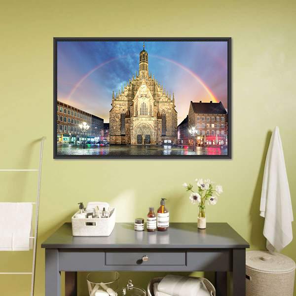 Frauenkirche Church With Rainbow Canvas Wall Art-3 Horizontal-Gallery Wrap-25" x 16"-Tiaracle