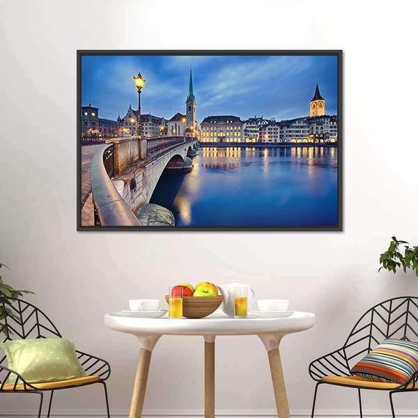 Fraumunster Church At Night Canvas Wall Art-3 Horizontal-Gallery Wrap-25" x 16"-Tiaracle