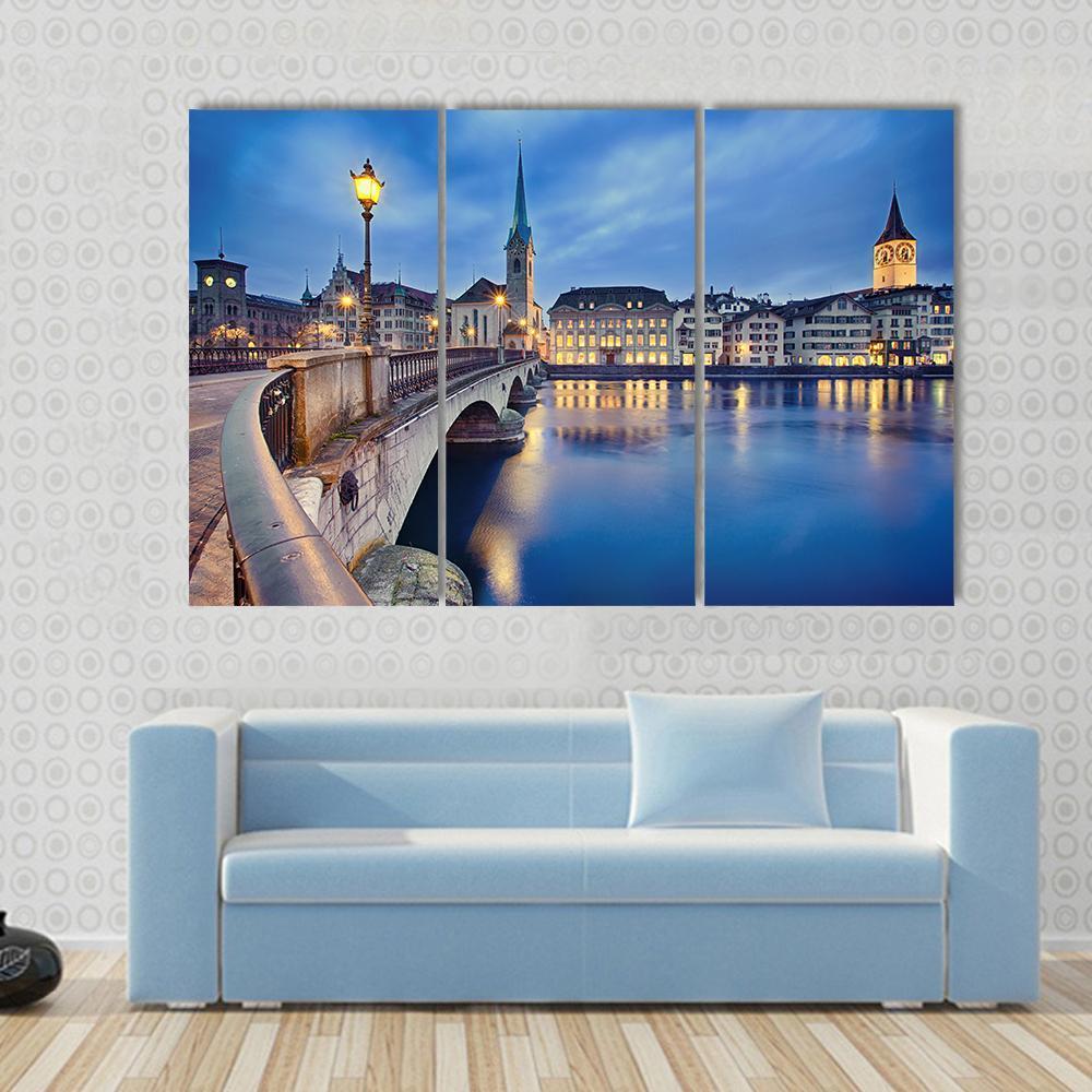 Fraumunster Church At Night Canvas Wall Art-3 Horizontal-Gallery Wrap-37" x 24"-Tiaracle