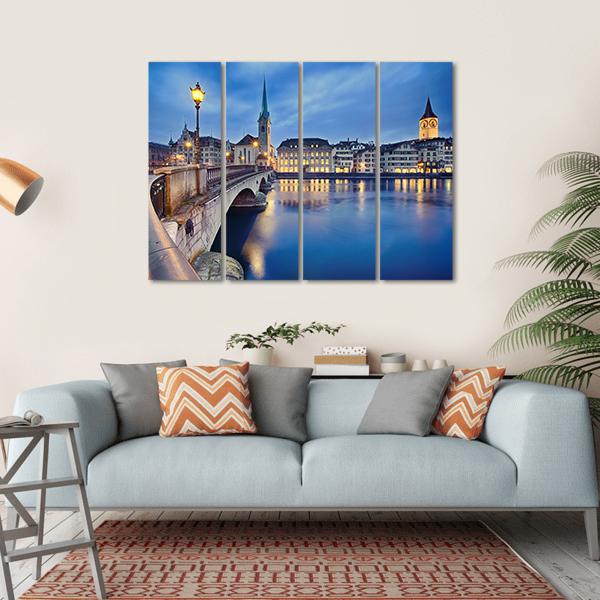 Fraumunster Church At Night Canvas Wall Art-4 Horizontal-Gallery Wrap-34" x 24"-Tiaracle