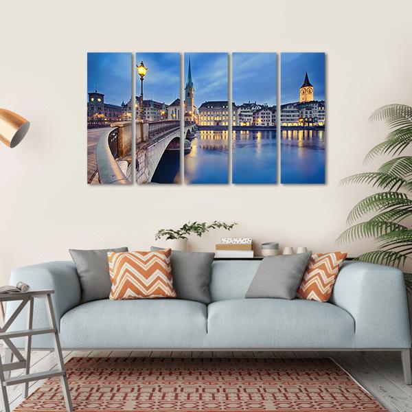 Fraumunster Church At Night Canvas Wall Art-5 Horizontal-Gallery Wrap-22" x 12"-Tiaracle