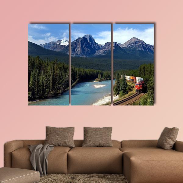 Train Along Bow River Canvas Wall Art-3 Horizontal-Gallery Wrap-37" x 24"-Tiaracle