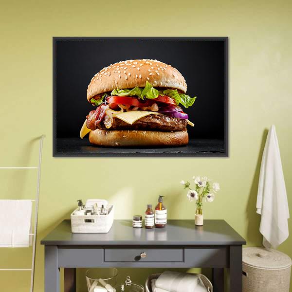 Fresh Tasty Burger Canvas Wall Art-1 Piece-Floating Frame-24" x 16"-Tiaracle