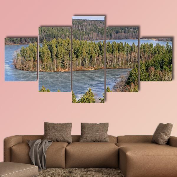 Frozen Lake In Forest Canvas Wall Art-5 Star-Gallery Wrap-62" x 32"-Tiaracle