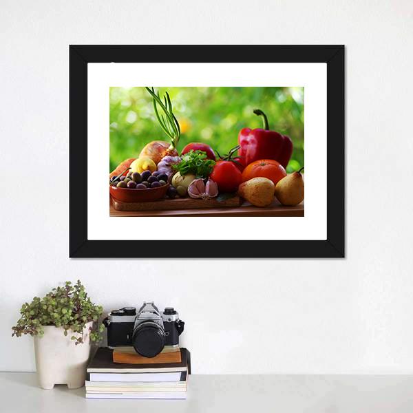 Fruits With Vegetables On Table Canvas Wall Art-1 Piece-Framed Print-20" x 16"-Tiaracle