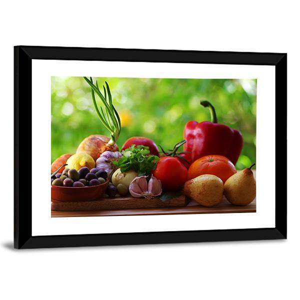 Fruits With Vegetables On Table Canvas Wall Art-3 Horizontal-Gallery Wrap-25" x 16"-Tiaracle