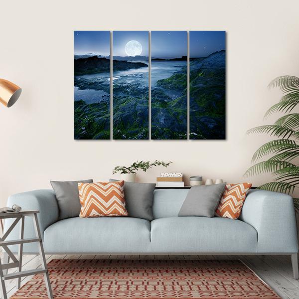 Moon Over Coast Cornwall Canvas Wall Art-4 Horizontal-Gallery Wrap-34" x 24"-Tiaracle