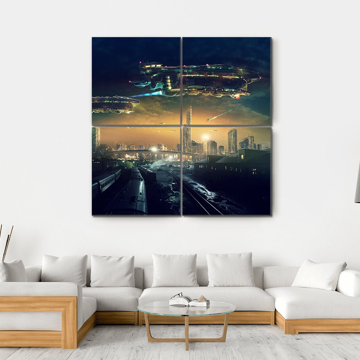 Futuristic Flying Spaceships Canvas Wall Art-4 Square-Gallery Wrap-17" x 17"-Tiaracle