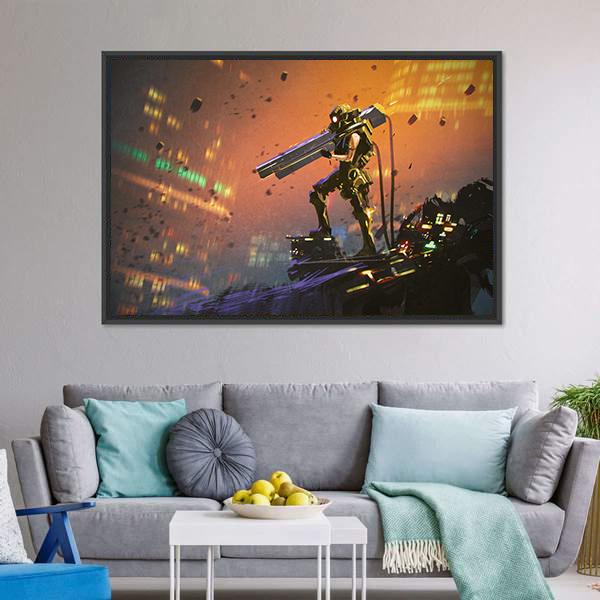 Futuristic Soldier With Gun Canvas Wall Art-3 Horizontal-Gallery Wrap-25" x 16"-Tiaracle