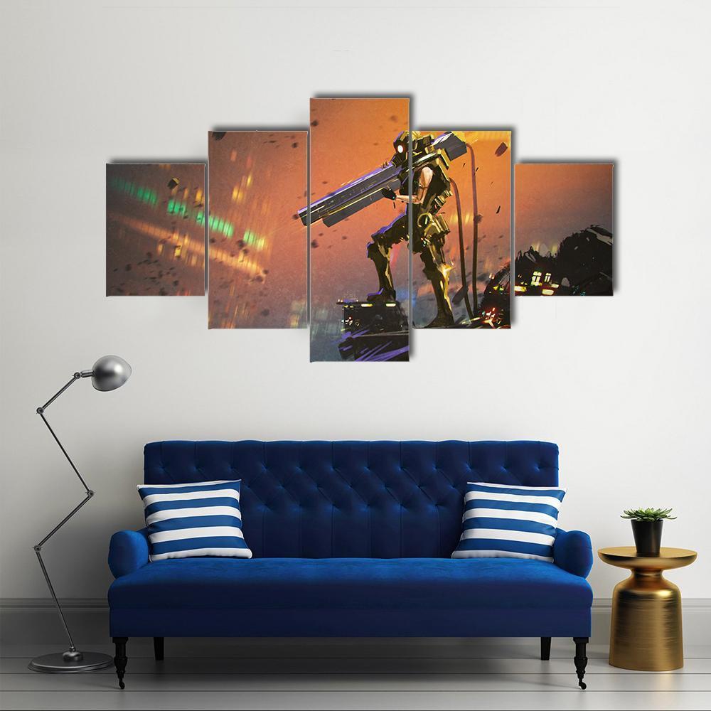 Futuristic Soldier With Gun Canvas Wall Art-5 Star-Gallery Wrap-62" x 32"-Tiaracle