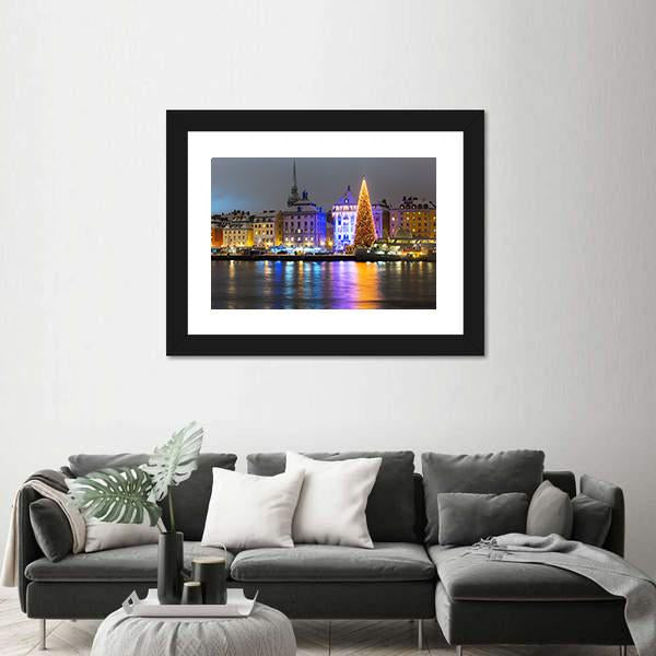 Gamla Stan At Night Canvas Wall Art-5 Horizontal-Gallery Wrap-22" x 12"-Tiaracle