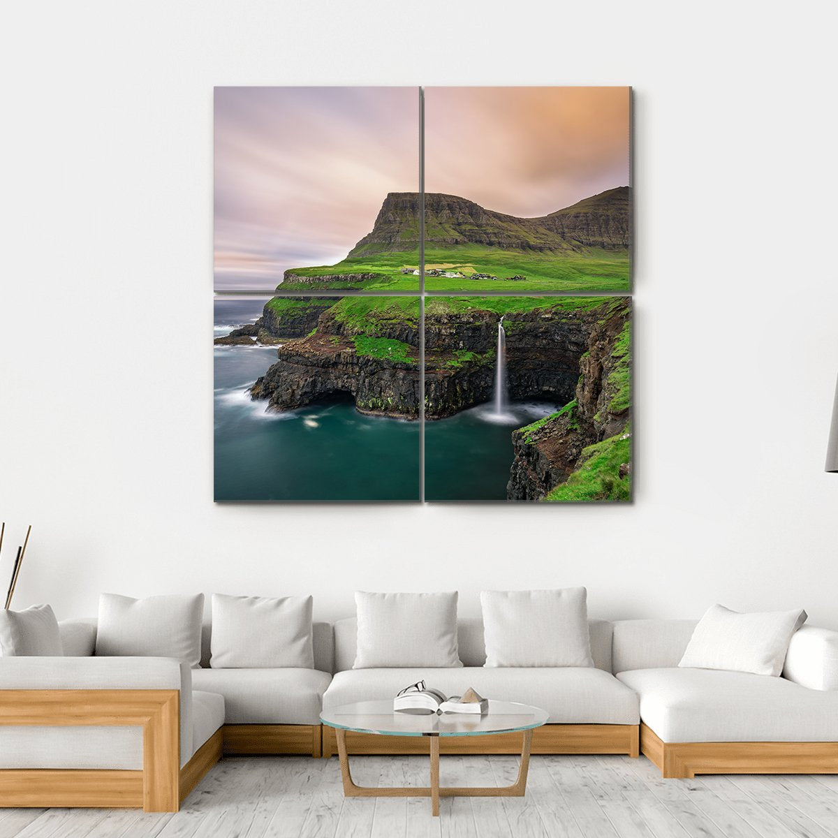 Gasadalur Village & Waterfall Canvas Wall Art-4 Square-Gallery Wrap-17" x 17"-Tiaracle