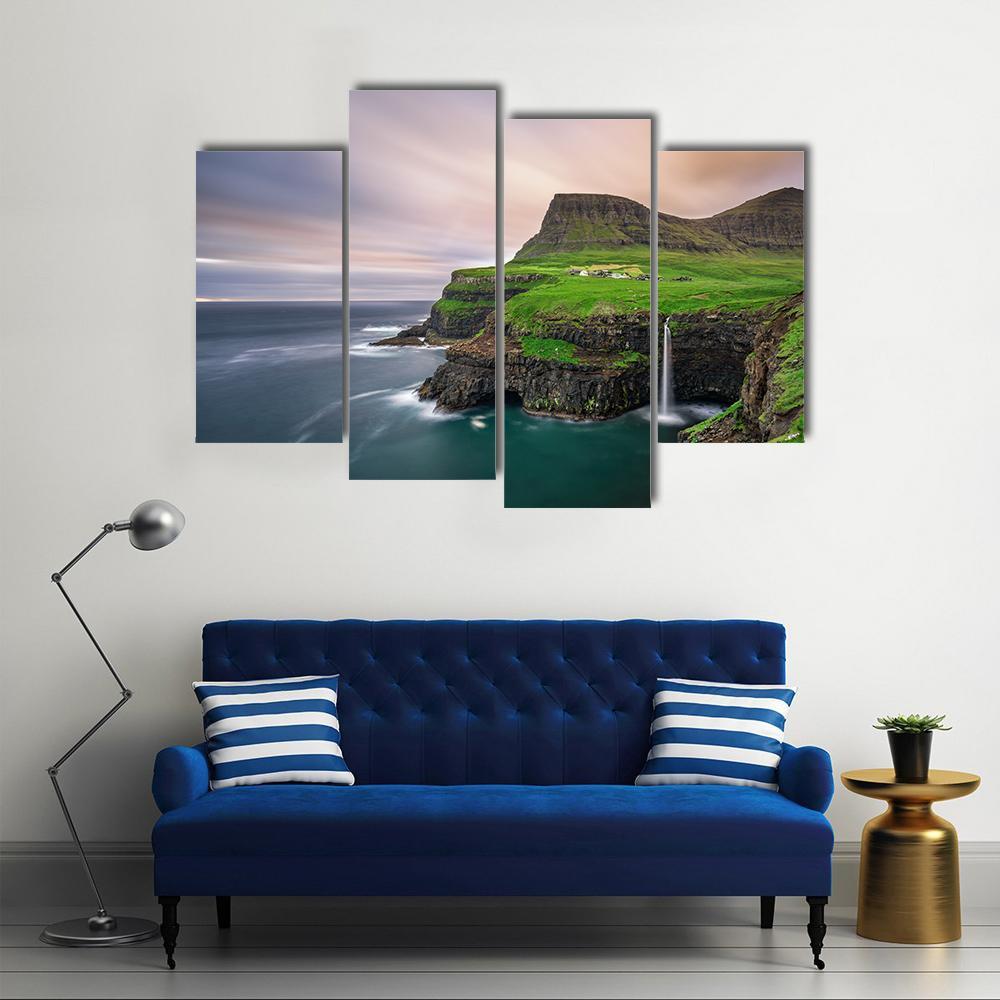 Gasadalur Village & Waterfall Canvas Wall Art-4 Pop-Gallery Wrap-50" x 32"-Tiaracle