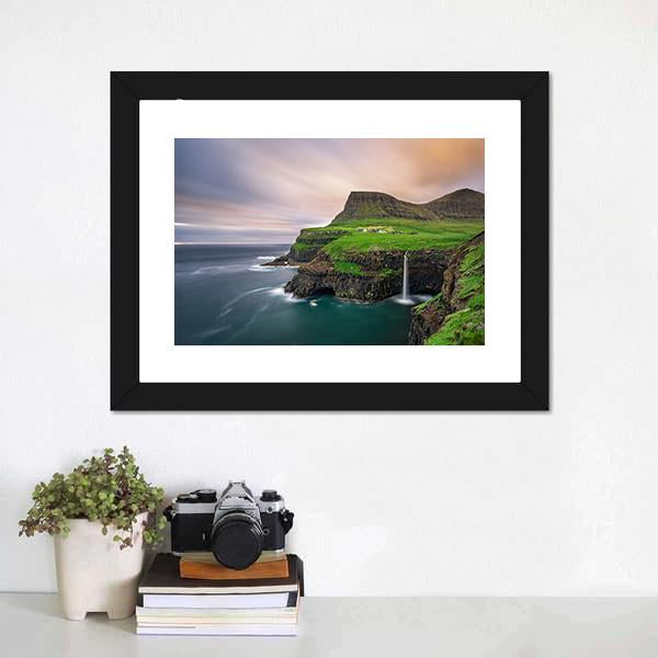 Gasadalur Village & Waterfall Canvas Wall Art-1 Piece-Framed Print-20" x 16"-Tiaracle