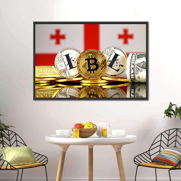 Georgia Flag With Bitcoins & Litecoin Canvas Wall Art-3 Horizontal-Gallery Wrap-25" x 16"-Tiaracle