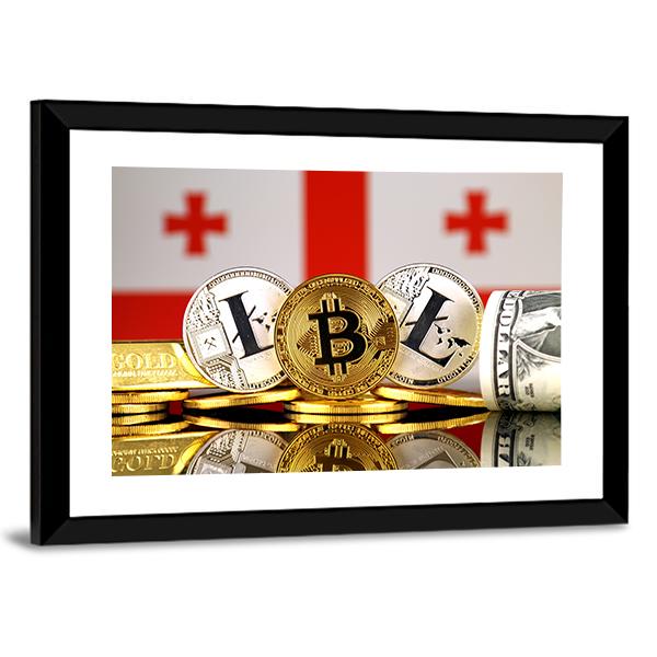 Georgia Flag With Bitcoins & Litecoin Canvas Wall Art-3 Horizontal-Gallery Wrap-25" x 16"-Tiaracle