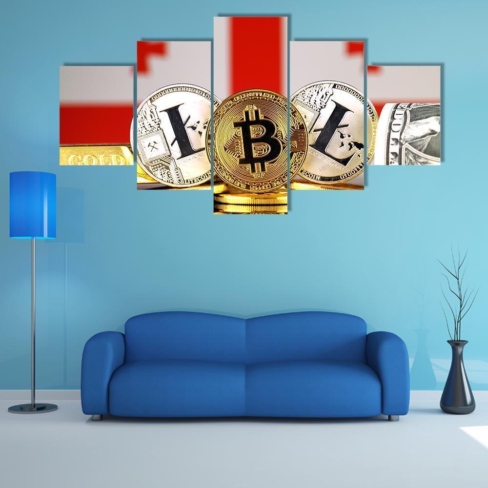 Georgia Flag With Bitcoins & Litecoin Canvas Wall Art-5 Star-Gallery Wrap-62" x 32"-Tiaracle