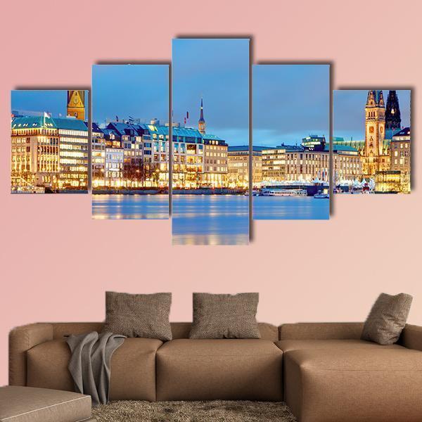 Town Hall & River Alster Canvas Wall Art-5 Star-Gallery Wrap-62" x 32"-Tiaracle