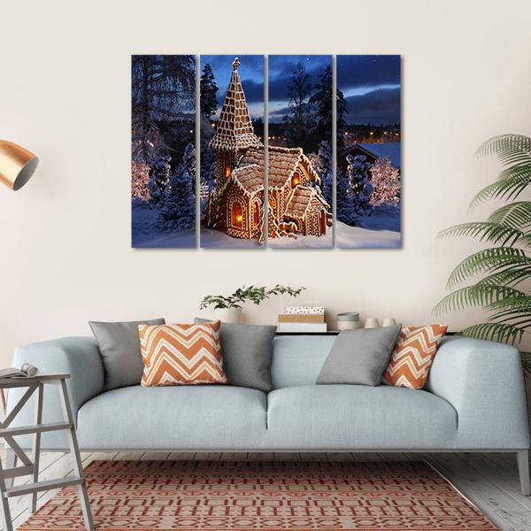 Gingerbread Church In Christmas Night Canvas Wall Art-4 Horizontal-Gallery Wrap-34" x 24"-Tiaracle