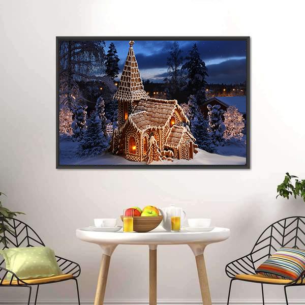 Gingerbread Church In Christmas Night Canvas Wall Art-3 Horizontal-Gallery Wrap-25" x 16"-Tiaracle