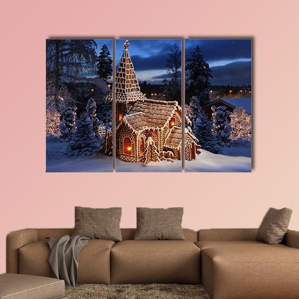 Gingerbread Church In Christmas Night Canvas Wall Art-3 Horizontal-Gallery Wrap-37" x 24"-Tiaracle