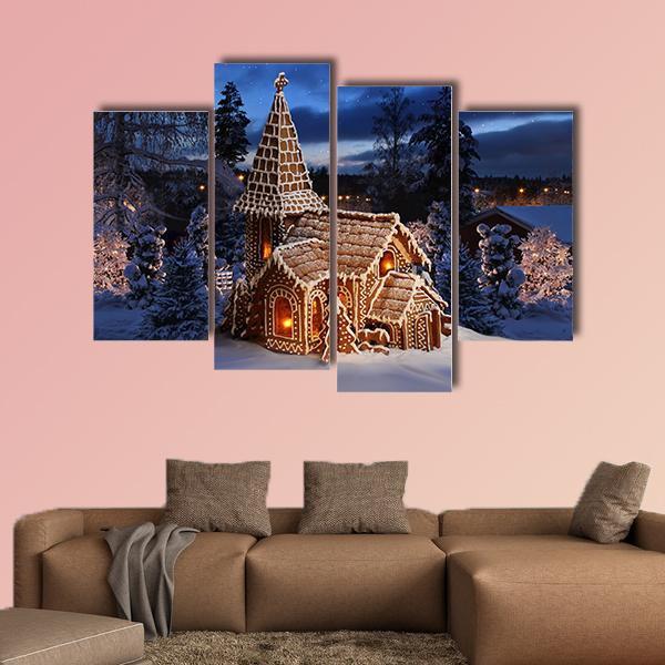 Gingerbread Church In Christmas Night Canvas Wall Art-4 Pop-Gallery Wrap-50" x 32"-Tiaracle