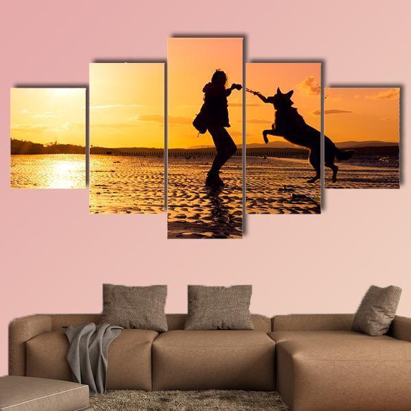 Girl Playing With Dog At Beach Canvas Wall Art-5 Pop-Gallery Wrap-47" x 32"-Tiaracle