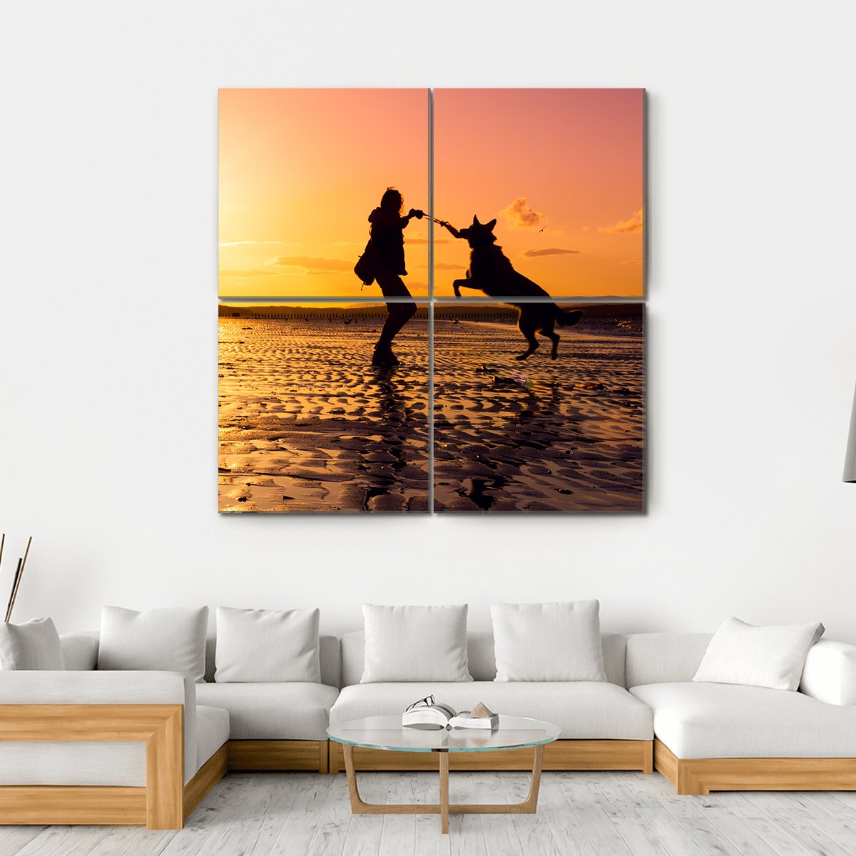 Girl Playing With Dog At Beach Canvas Wall Art-4 Square-Gallery Wrap-17" x 17"-Tiaracle