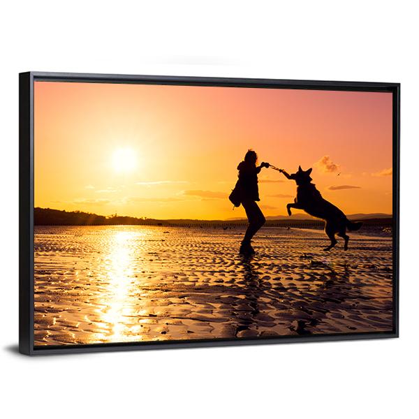 Girl Playing With Dog At Beach Canvas Wall Art-3 Horizontal-Gallery Wrap-25" x 16"-Tiaracle