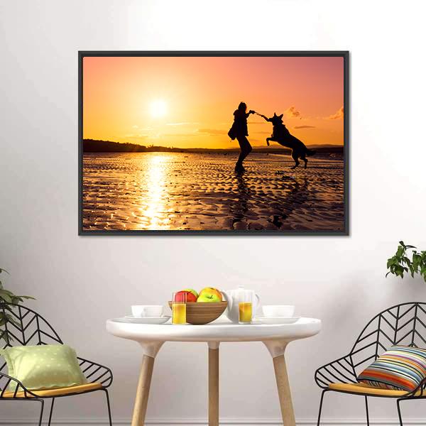 Girl Playing With Dog At Beach Canvas Wall Art-3 Horizontal-Gallery Wrap-25" x 16"-Tiaracle