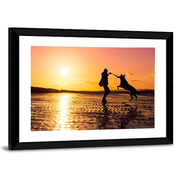Girl Playing With Dog At Beach Canvas Wall Art-3 Horizontal-Gallery Wrap-25" x 16"-Tiaracle