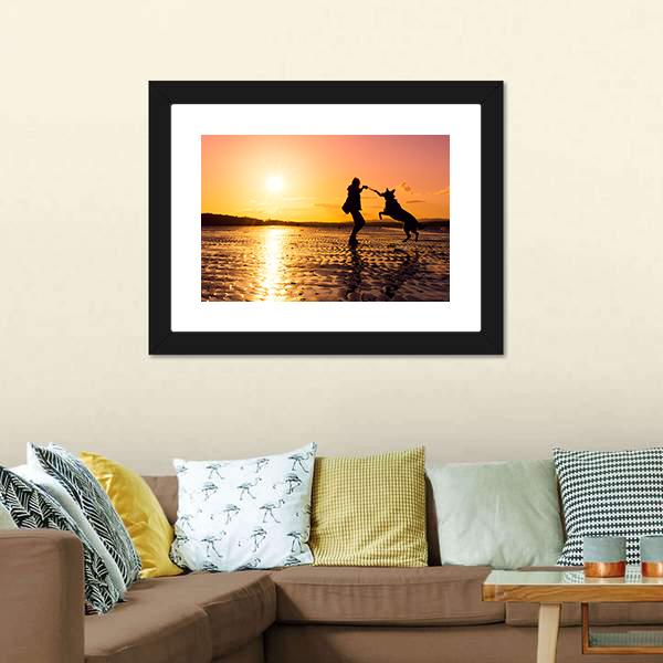 Girl Playing With Dog At Beach Canvas Wall Art-3 Horizontal-Gallery Wrap-25" x 16"-Tiaracle
