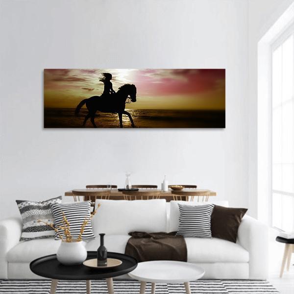 Girl Riding Horse On Beach Panoramic Canvas Wall Art-1 Piece-36" x 12"-Tiaracle