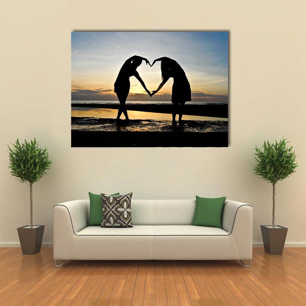 Girls Made Heart On Beach Canvas Wall Art-1 Piece-Gallery Wrap-36" x 24"-Tiaracle