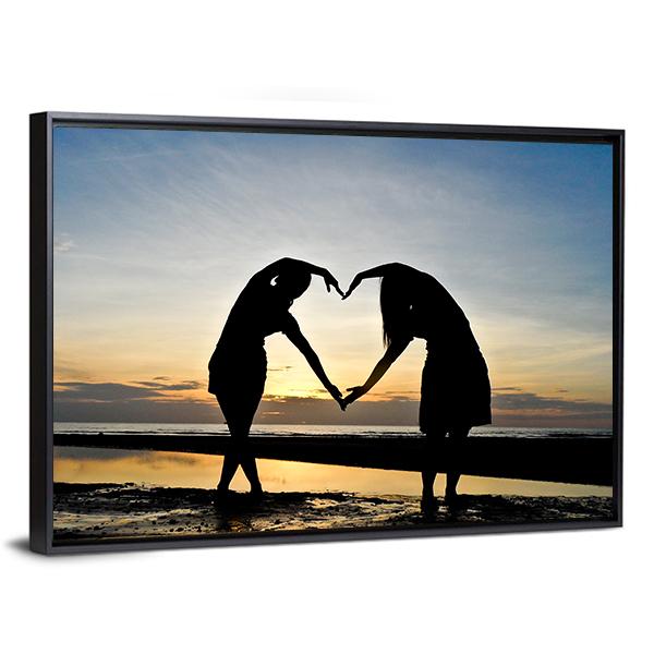 Girls Made Heart On Beach Vertical Canvas Wall Art-3 Vertical-Gallery Wrap-12" x 25"-Tiaracle