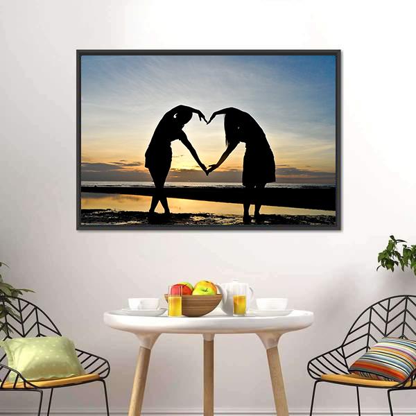 Girls Made Heart On Beach Vertical Canvas Wall Art-3 Vertical-Gallery Wrap-12" x 25"-Tiaracle