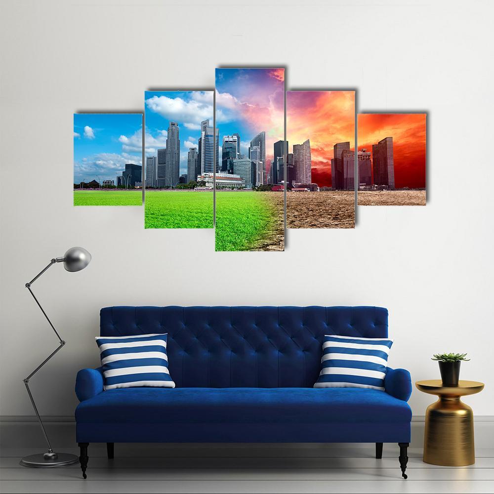 Global Warming Effect In City Canvas Wall Art-5 Star-Gallery Wrap-62" x 32"-Tiaracle