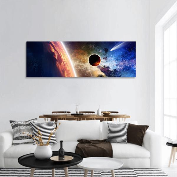 Comet & Glowing Planet Panoramic Canvas Wall Art-1 Piece-36" x 12"-Tiaracle