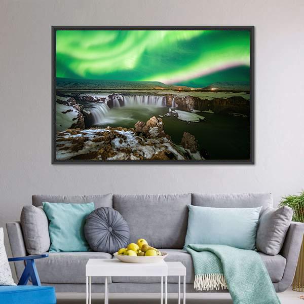 Godafoss Waterfall & Aurora Canvas Wall Art-3 Horizontal-Gallery Wrap-25" x 16"-Tiaracle