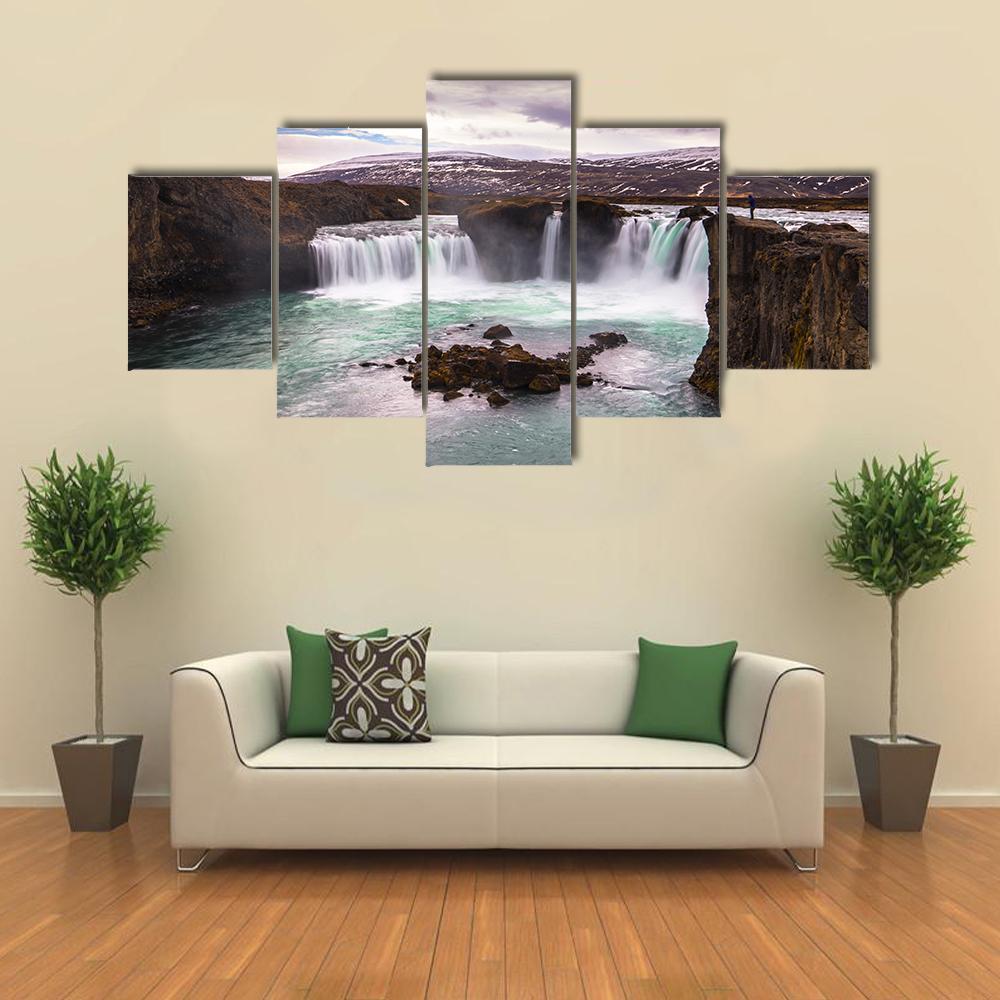 Godafoss Waterfall In Iceland Canvas Wall Art-5 Star-Gallery Wrap-62" x 32"-Tiaracle