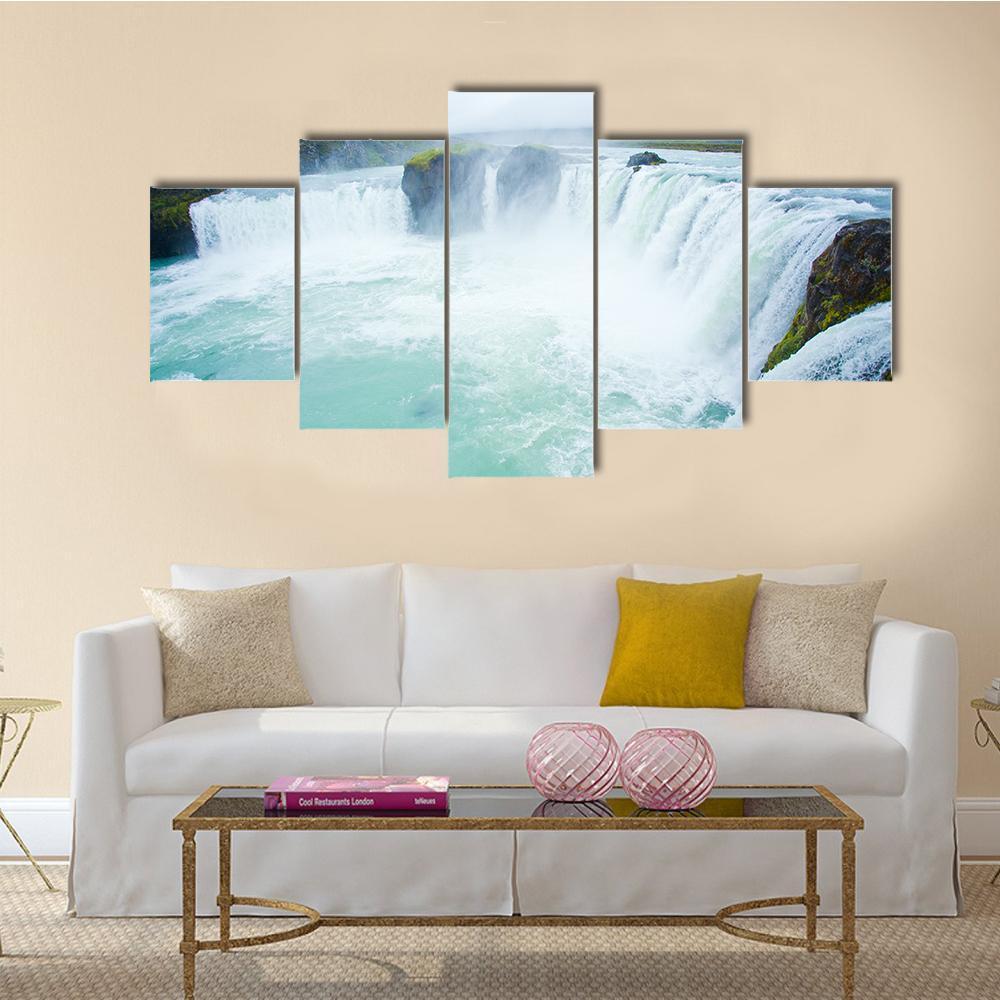 Godafoss Waterfall In The Northern Iceland Canvas Wall Art-5 Star-Gallery Wrap-62" x 32"-Tiaracle