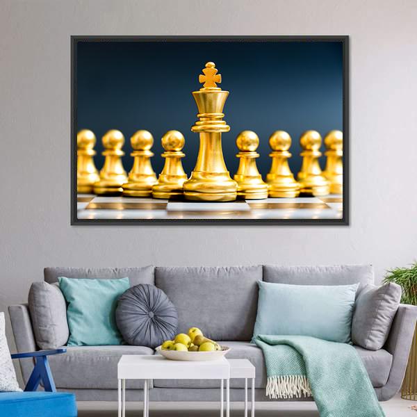Gold Chess Pieces Canvas Wall Art-5 Horizontal-Gallery Wrap-22" x 12"-Tiaracle