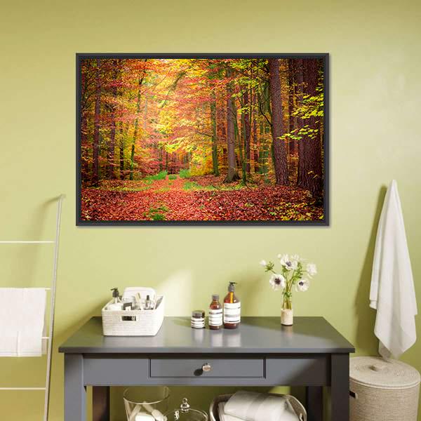 Gold & Green Path In Forest Canvas Wall Art-1 Piece-Floating Frame-24" x 16"-Tiaracle