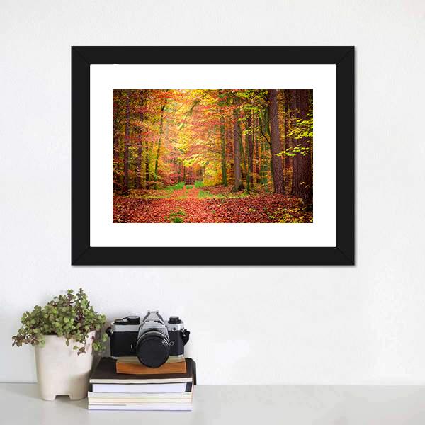 Gold & Green Path In Forest Canvas Wall Art-1 Piece-Framed Print-20" x 16"-Tiaracle