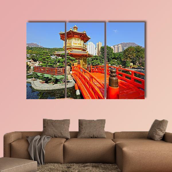 Gold Pavilion In Chinese Garden Canvas Wall Art-3 Horizontal-Gallery Wrap-37" x 24"-Tiaracle