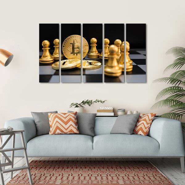 Golden Bitcoin And Chess Canvas Wall Art-5 Horizontal-Gallery Wrap-22" x 12"-Tiaracle