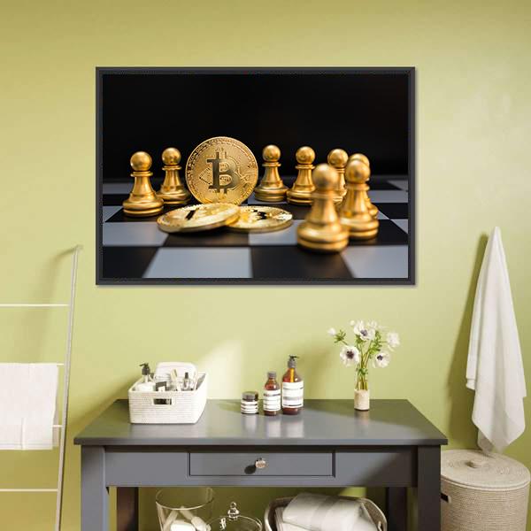 Golden Bitcoin And Chess Canvas Wall Art-3 Horizontal-Gallery Wrap-25" x 16"-Tiaracle