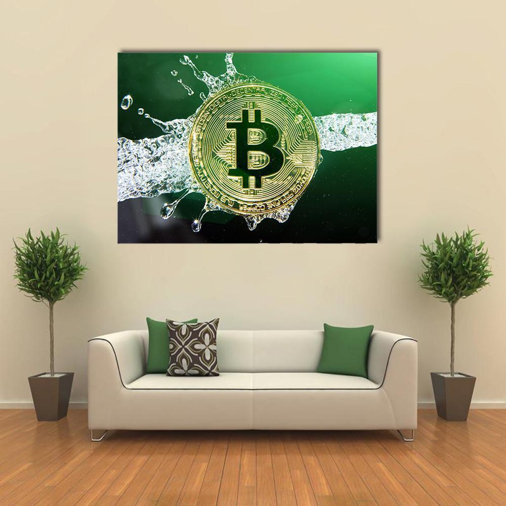 Bitcoin & Water Splash Canvas Wall Art-1 Piece-Gallery Wrap-36" x 24"-Tiaracle