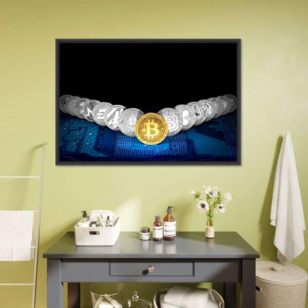 Golden Bitcoin On Front Canvas Wall Art-3 Horizontal-Gallery Wrap-25" x 16"-Tiaracle